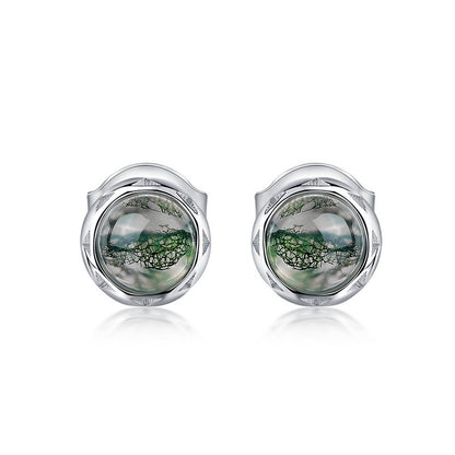 Minimalist Moss Agate Stud Earrings | 9K Gold-Plated S925 Silver
