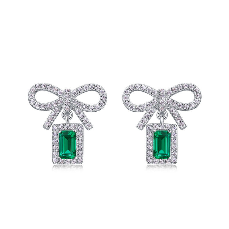 Dapaza Bow-Knot Lab-Grown Emerald Stud Earrings | S925 Sterling Silver