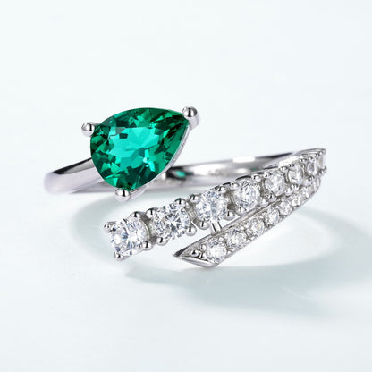 Fluid Elegance: Teardrop Lab-Grown Emerald Open Ring | 925 Silver | Dapaza