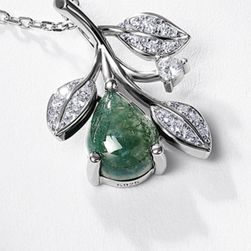 Natural Pear-Cut Moss Agate Teardrop Necklace - S925 Sterling Silver