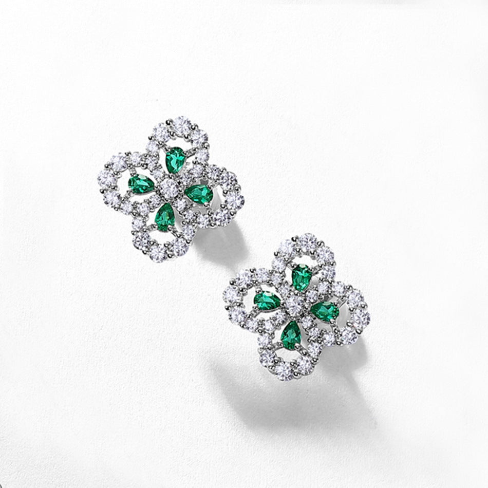Lucky Clover Lab-Grown Emerald Stud Earrings | 925 Sterling Silver | Dapaza