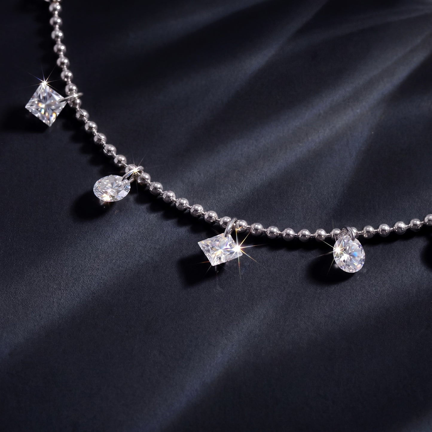 Playful 1.65CTW Round & Geometric Princess Cut HPHT Lab Grown Diamond Dangle Charm Bead Bracelet | S925 Sterling Silver Dainty Layering Chain - Dapaza