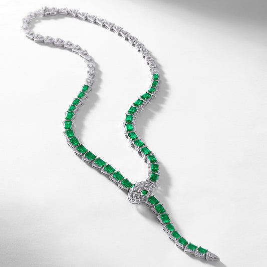 Serpentine Grace: Snake Chain Lab-Grown Emerald Ear Thread Set | 925 Silver | Dapaza