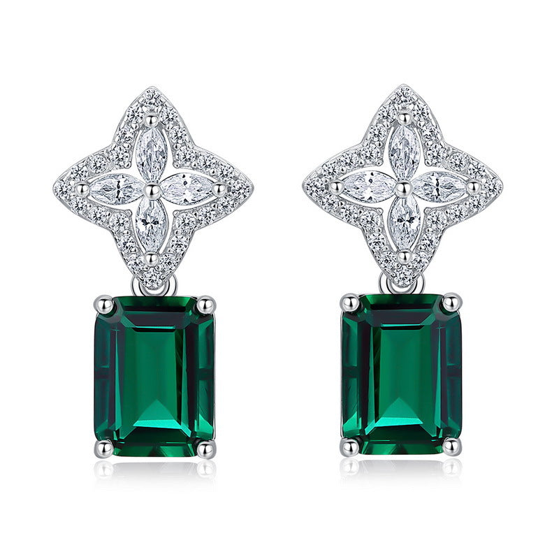 Petal Luxe: Emerald-Cut Lab-Grown Emerald Floral Stud Earrings | 925 Silver | Dapaza