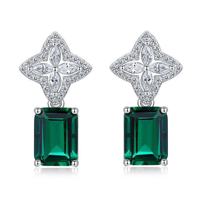 Petal Luxe: Emerald-Cut Lab-Grown Emerald Floral Stud Earrings | 925 Silver | Dapaza