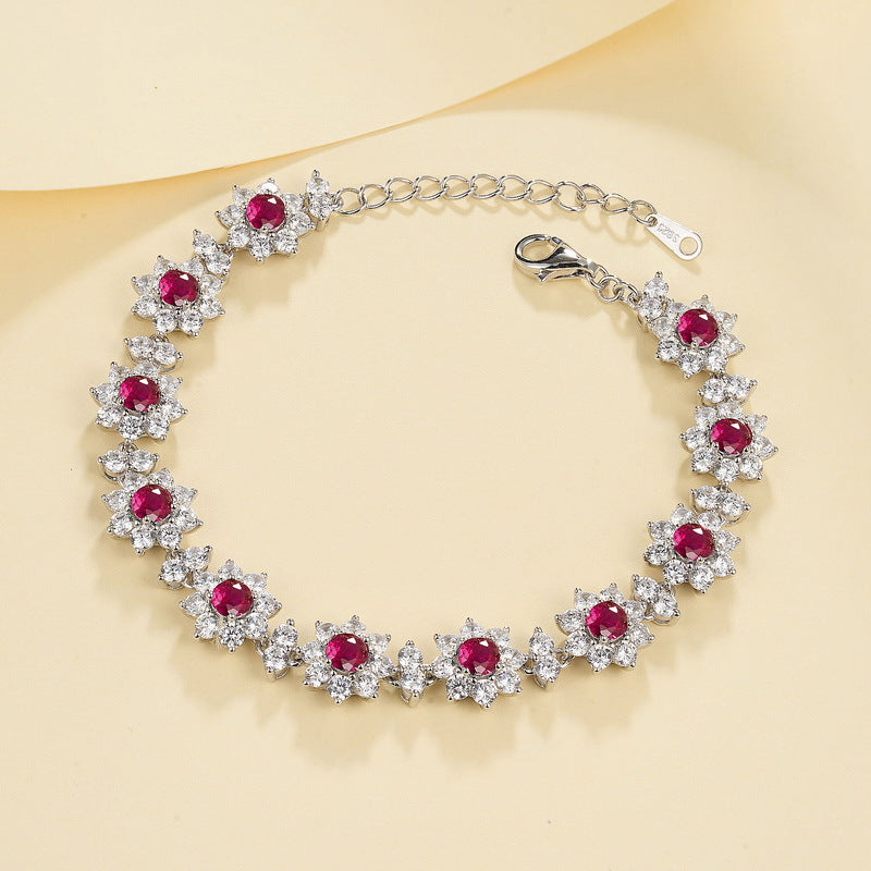 Lab-Grown Emerald Sunflower Bracelet - S925 Sterling Silver Floral Jewelry