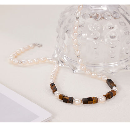 Maillard Style 925 Sterling Silver Tiger’s Eye & Pearl Necklace