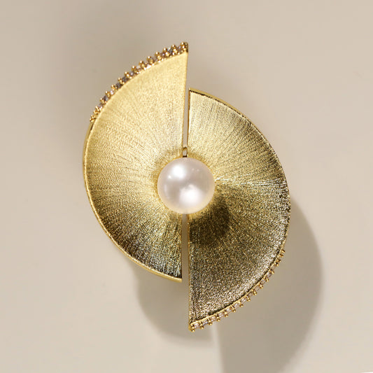 Gold Freshwater Pearl Semicircle Brooch