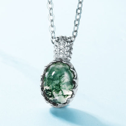 Natural Oval Moss Agate Cabochon Necklace - S925 Sterling Silver