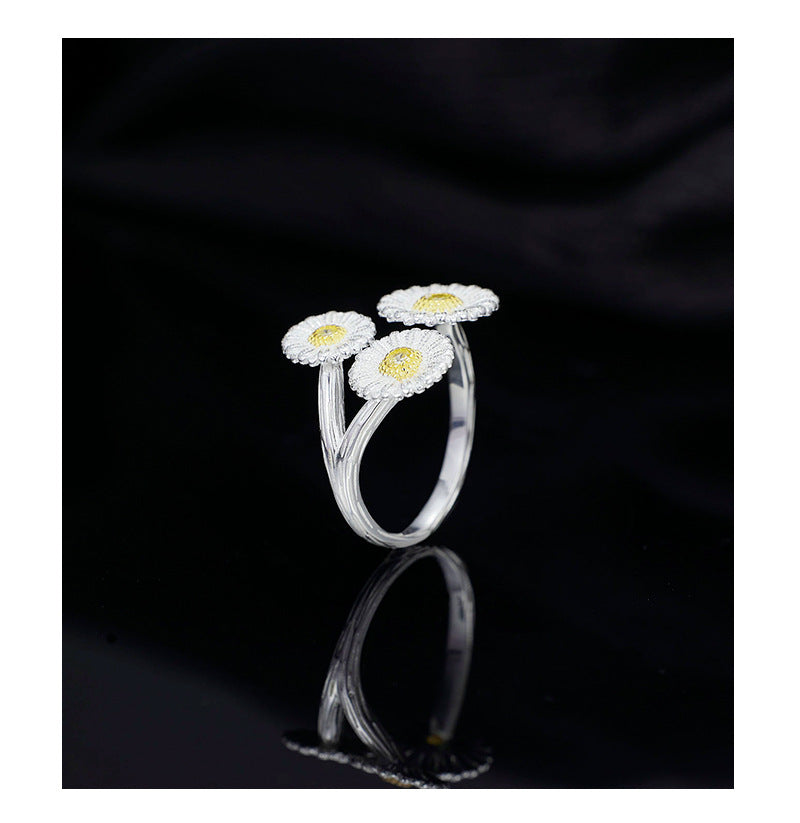 Dapaza Niche Premium Sense S925 Sterling Silver Italian Brushed Vintage Small Daisy Open Ring