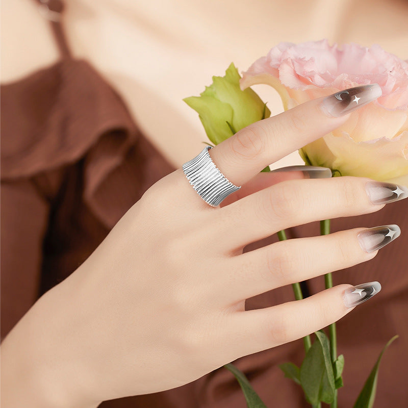 Niche Design 925 Sterling Silver Pleated Wide-sided Geometric Striped Opening Adjustable Ring