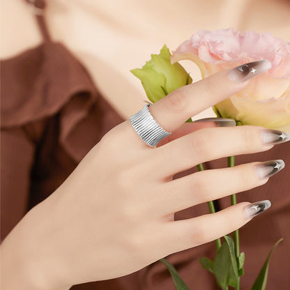 Niche Design 925 Sterling Silver Pleated Wide-sided Geometric Striped Opening Adjustable Ring