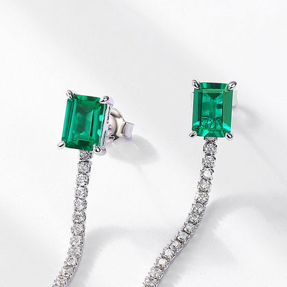 Minimalist Emerald-Cut Lab-Grown Emerald Tassel Earrings - 925 Sterling Silver