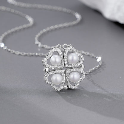 925 Sterling Silver Micro-inlaid Zircon Two Wearing Four-leaf Love Pearl Necklace Women's Niche Design Collarbone Chain