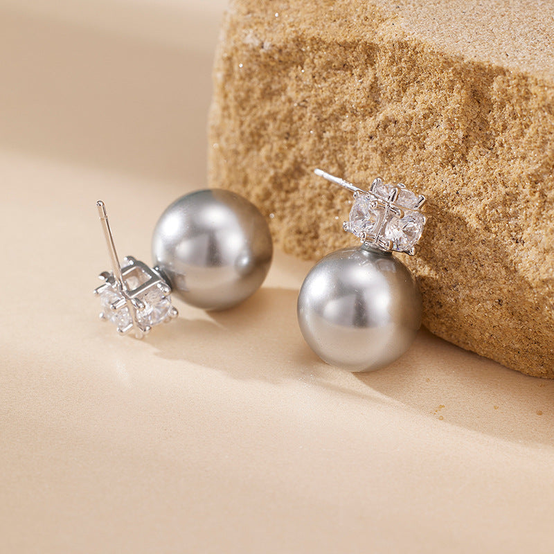 S925 Sterling Silver Ash Gray Shell Pearl Stud Earrings - Unique Design, Subtle Luxury, and Edgy Style for Women