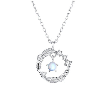 Dapaza S925 Sterling Silver Diamond Moonstone Feather Pendant Necklace