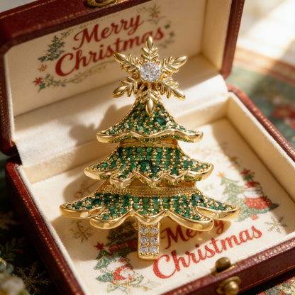 Copper Zircon 18k Gold Christmas Tree Brooch Rotatable Snowflake Corsage