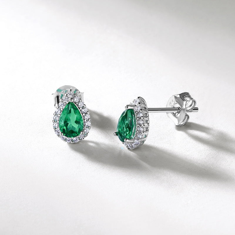 Pear-Cut Lab-Grown Emerald Stud Earrings - S925 Sterling Silver