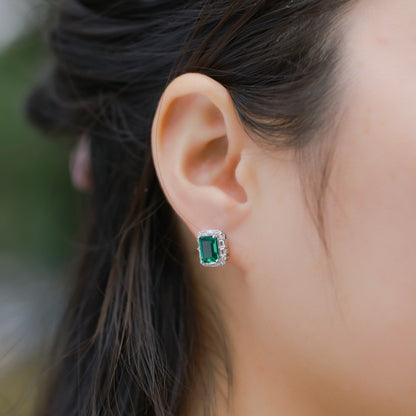 Lab-Grown Emerald Baguette Halo Stud Earrings - S925 Sterling Silver
