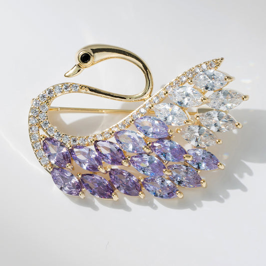 Gold Purple Color Gradual Change Crystal Swan Animal Model Versatile Coat Brooch Women