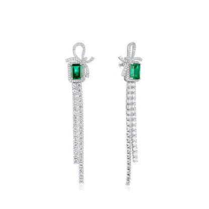 Sustainable 2.6CT Lab-Grown Emerald Bow Tassel Earrings | 71mm Drop Platinum Plated 925 Silver | Dapaza