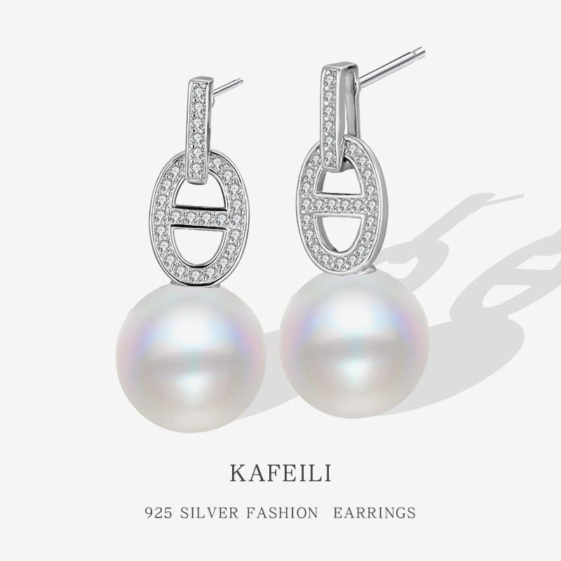 925 Sterling Silver Australian White High-luster Shell Pearl Pig Nose Stud Earrings - Unique and Trendy Design for Women