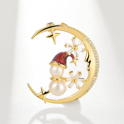 Zircon Moon Snowman Brooch, Freshwater Pearl Oil Christmas Gift Pin