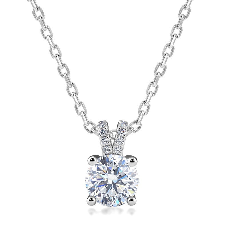Modern 1.37CT Round Lab Grown Diamond Solitaire Pendant Necklace | S925 Sterling Silver Pave V-Bail Clavicle Chain - Dapaza