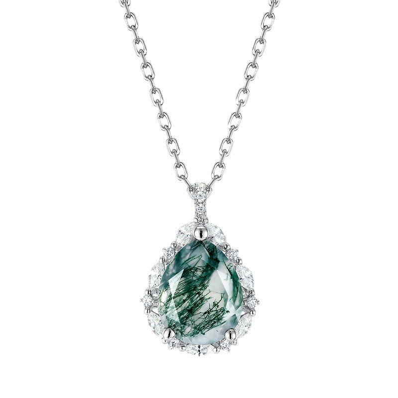 Pear-Cut Natural Moss Agate Halo Pendant Necklace - S925 Sterling Silver