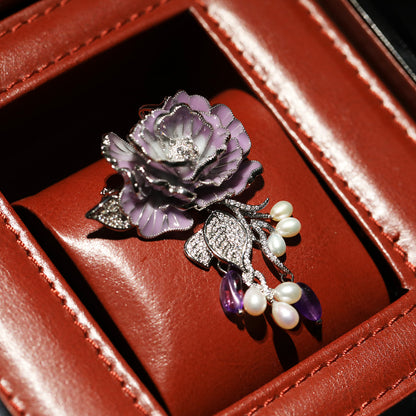Purple Rose Brooch - Natural Pearl & Amethyst Corsage Accessory