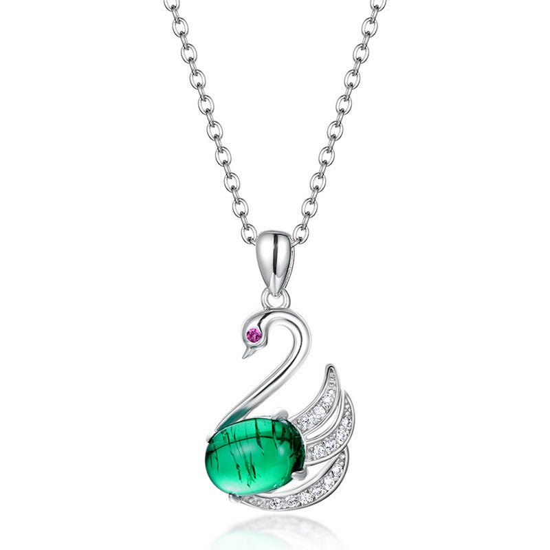 Regal Swan: Shimmering Lab-Grown Emerald Swan Necklace | 925 Silver