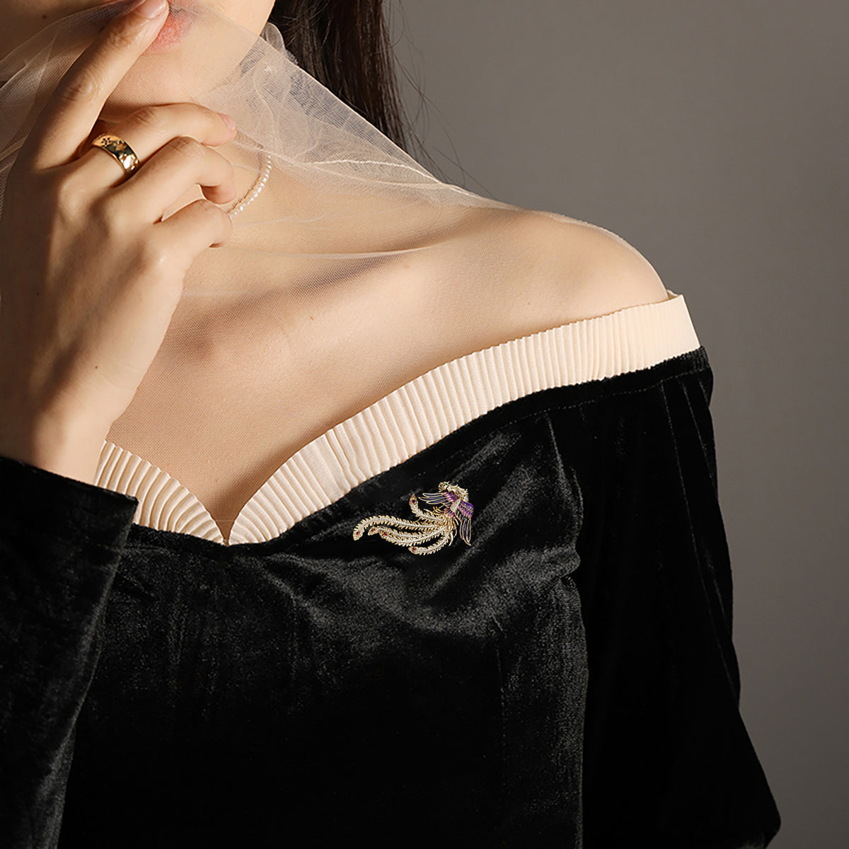 Exquisite Gold Purple Phoenix Diamond Animal Brooch