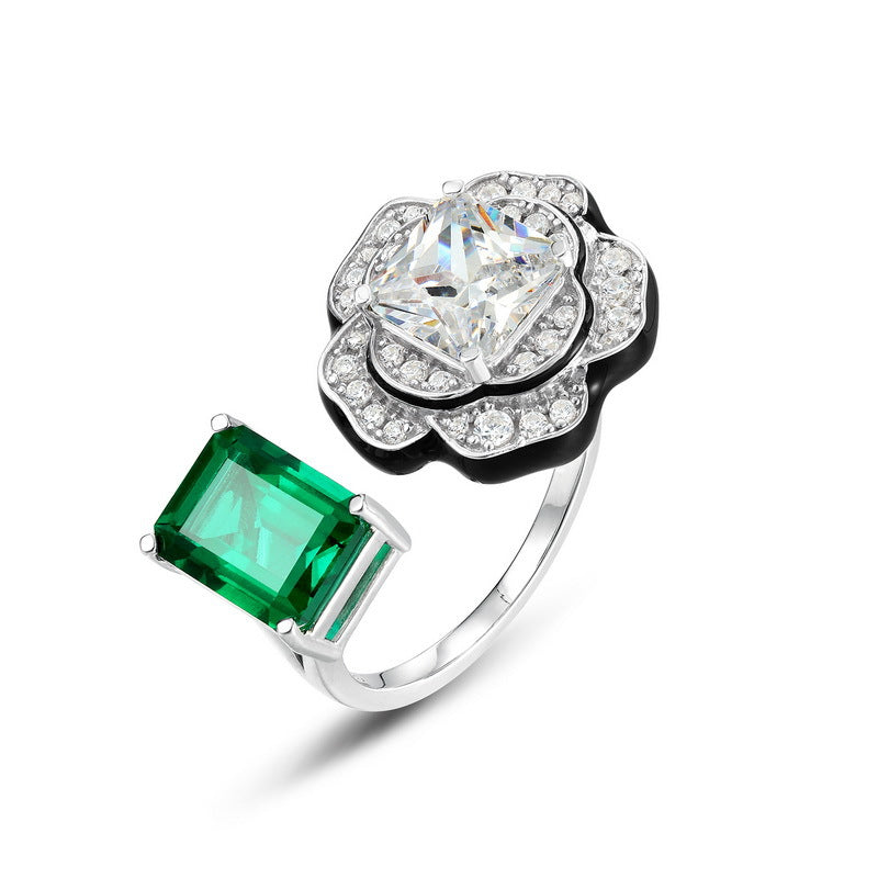 Petal Grace: Geometric Floral Lab-Grown Emerald Ring | 925 Silver | Dapaza
