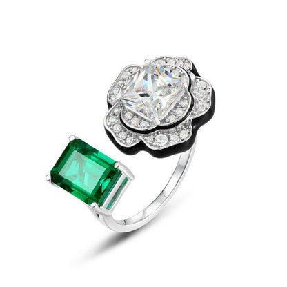 Petal Grace: Geometric Floral Lab-Grown Emerald Ring | 925 Silver | Dapaza