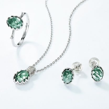Natural Oval Moss Agate Cabochon Necklace - S925 Sterling Silver
