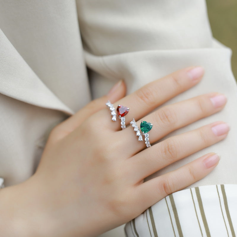 Heart-Shaped Lab-Grown Emerald Adjustable Ring - S925 Sterling Silver Bypass Band