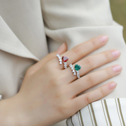 Heart-Shaped Lab-Grown Emerald Adjustable Ring - S925 Sterling Silver Bypass Band