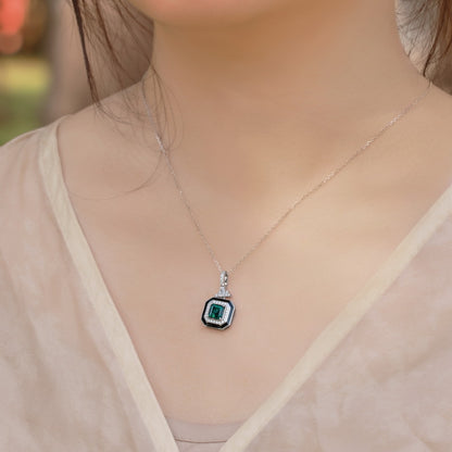 Retro Chic: Emerald-Cut Lab-Grown Emerald Square Pendant Necklace | 925 Silver | Dapaza