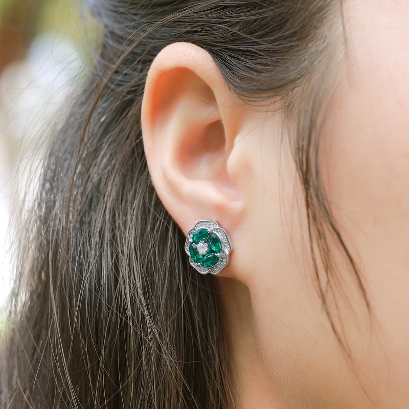 Botanical Bliss: Floral Lab-Grown Emerald Stud Earrings | 925 Silver | Dapaza