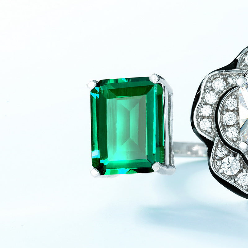 Petal Grace: Geometric Floral Lab-Grown Emerald Ring | 925 Silver | Dapaza