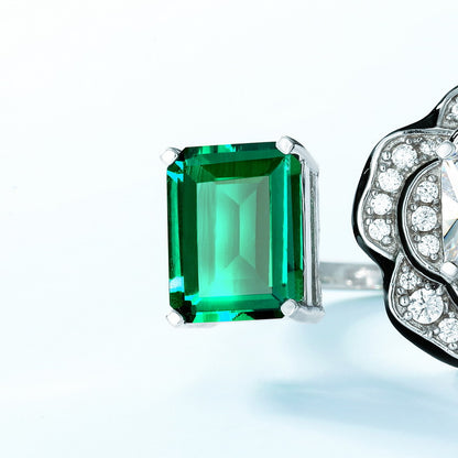 Petal Grace: Geometric Floral Lab-Grown Emerald Ring | 925 Silver | Dapaza
