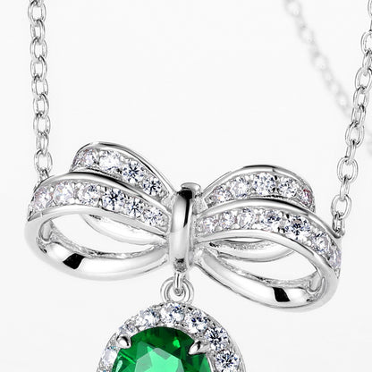 S925 Sterling Silver Lab-grown Emerald Necklace - Vintage Bow Clavicle Chain