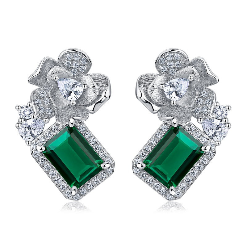 Brushed Gold: Hand-Engraved Lab-Grown Emerald Floral Stud Earrings | 925 Silver | Dapaza