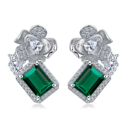 Brushed Gold: Hand-Engraved Lab-Grown Emerald Floral Stud Earrings | 925 Silver | Dapaza