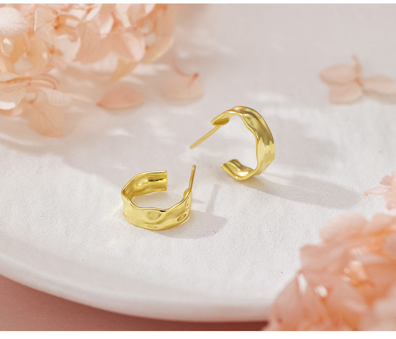 New 925 Sterling Silver Irregular Geometric Earrings - Women's Fashion Polished Foil Crinkle Studs