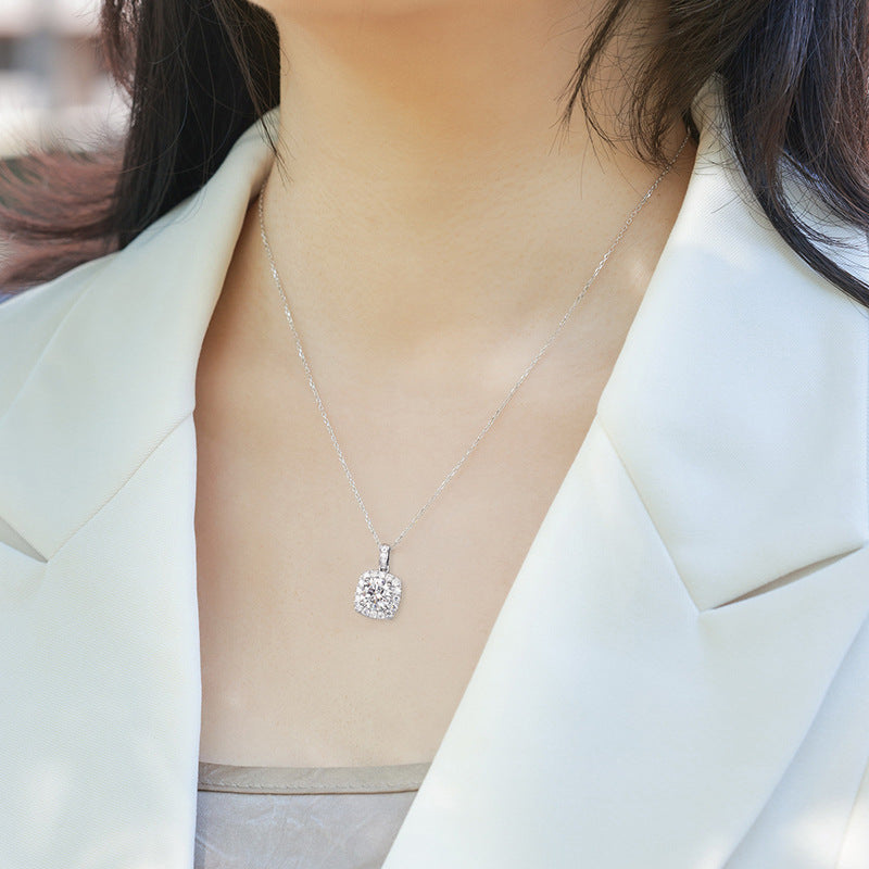 Geometric Cushion Halo Lab-Grown Diamond Necklace - S925 Sterling Silver
