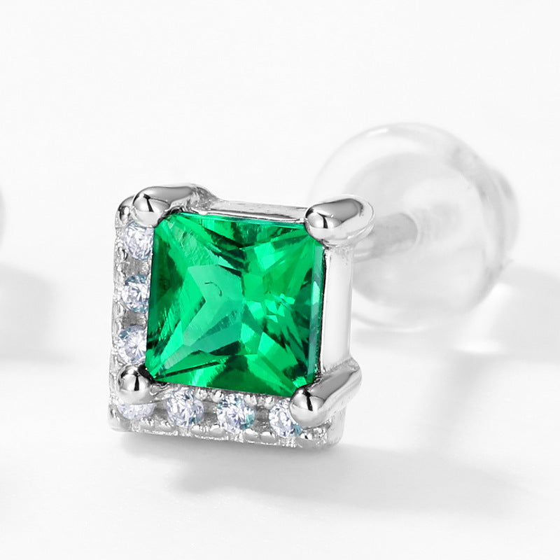 Lab-Grown Emerald Square Halo Stud Earrings - S925 Sterling Silver