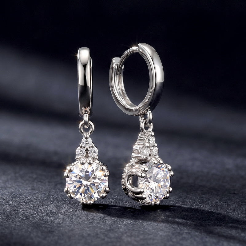 Vintage 1.79CTW HPHT Round Lab Grown Diamond Huggie Dangle Earrings | S925 Sterling Silver Crown Drop Hoop Earrings for Women - Dapaza