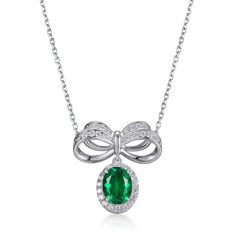 S925 Sterling Silver Lab-grown Emerald Necklace - Vintage Bow Clavicle Chain