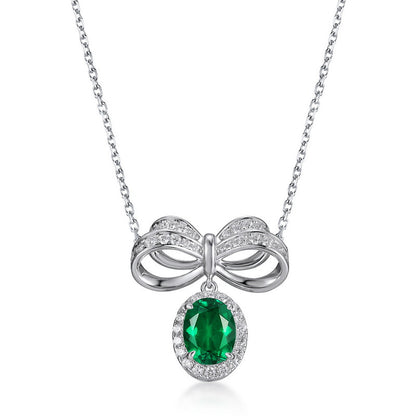 S925 Sterling Silver Lab-grown Emerald Necklace - Vintage Bow Clavicle Chain